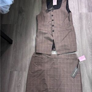 Banana Republic Brown Checkered Suit Vest and Skirt